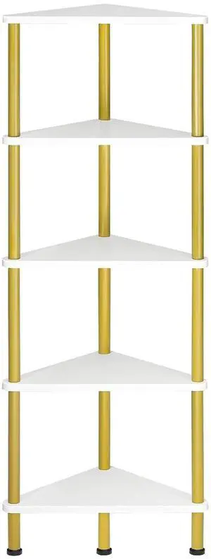 Corner Shelf Stand, Industrial 5-Tier Wall Corner Bookshelf with Metal Frame, Plant Display Shelf, Bookcase for Small Spaces, Bedroom, Living Room, White and Gold DW33CJ01 Corner Shelf Stand, Industrial 5-Tier Wall Corner Bookshelf with Metal Frame, Plant Display Shelf, Bookcase for Small Spaces, Bedroom, Living Room, White and Gold DW33CJ01
