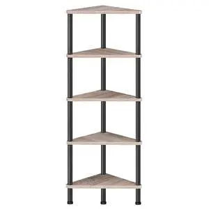 Corner Shelf Stand, Industrial 5-Tier Corner Bookshelf with Metal Frame, Corner Shelf Stand Display Plant Flower, Corner Bookcase for Small Spaces, Living Room, Greige and Black BG33CJ01 Corner Shelf Stand, Industrial 5-Tier Corner Bookshelf with Metal Frame, Corner Shelf Stand Display Plant Flower, Corner Bookcase for Small Spaces, Living Room, Greige and Black BG33CJ01