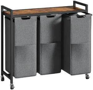 Laundry Sorter 3 Section, Laundry Hamper with Wheels, 3 × 11.5 Gal (43.4L), Rolling Laundry Basket, Pull-Out and Removable Oxford Fabric Laundry Bags, Rustic Brown and Grey BFG76XY01 Laundry Sorter 3 Section, Laundry Hamper with Wheels, 3 × 11.5 Gal (43.4L), Rolling Laundry Basket, Pull-Out and Removable Oxford Fabric Laundry Bags, Rustic Brown and Grey BFG76XY01