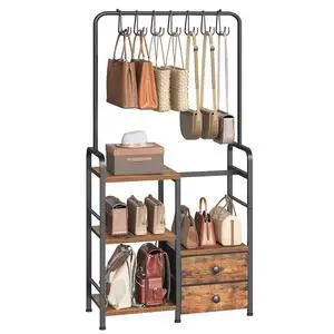 3-Tier Tall Purse Organizer with Hooks & Drawers, Floor-Standing Purse Rack Stand for Handbag Organizer, Purse Storage Organizer for Closet, Entryway, Bedroom, Rustic Brown and Black BF98CJ01 3-Tier Tall Purse Organizer with Hooks & Drawers, Floor-Standing Purse Rack Stand for Handbag Organizer, Purse Storage Organizer for Closet, Entryway, Bedroom, Rustic Brown and Black BF98CJ01
