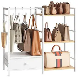 Purse Organizer Rack for Closet, 3-Tier Handbag Storage Stand with Hooks & Drawer, Large Capacity Bag Organizer for Bedroom, Space-Saving Purse Holder for Women, Natural and White WN28CJ01 Purse Organizer Rack for Closet, 3-Tier Handbag Storage Stand with Hooks & Drawer, Large Capacity Bag Organizer for Bedroom, Space-Saving Purse Holder for Women, Natural and White WN28CJ01