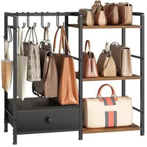 Purse Organizer Rack for Closet, 3-Tier Handbag Storage Stand with Hooks & Drawer, Large Capacity Bag Organizer for Bedroom, Space-Saving Purse Holder for Women, Black and Rustic Brown BF28CJ01 Purse Organizer Rack for Closet, 3-Tier Handbag Storage Stand with Hooks & Drawer, Large Capacity Bag Organizer for Bedroom, Space-Saving Purse Holder for Women, Black and Rustic Brown BF28CJ01