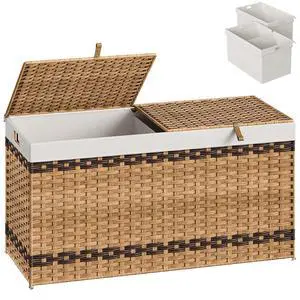 Storage Basket with Lid, 52.8 Gallon (200L) Wicker Storage Basket with 2 Separate Lid, Blanket Storage Bin with 2 Removable Liner Bags, for Bedroom, Laundry, Natural and Brown NL277CW01 Storage Basket with Lid, 52.8 Gallon (200L) Wicker Storage Basket with 2 Separate Lid, Blanket Storage Bin with 2 Removable Liner Bags, for Bedroom, Laundry, Natural and Brown NL277CW01
