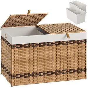 Storage Basket with Lid, 42.3 Gallon (160L) Wicker Storage Basket with 2 Separate Lid, Blanket Storage Bin with 2 Removable Liner Bags, for Bedroom, Laundry, Natural and Brown NL276CW01 Storage Basket with Lid, 42.3 Gallon (160L) Wicker Storage Basket with 2 Separate Lid, Blanket Storage Bin with 2 Removable Liner Bags, for Bedroom, Laundry, Natural and Brown NL276CW01