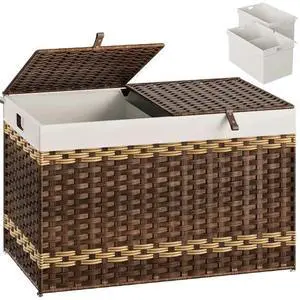 Storage Basket with Lid, 42.3 Gallon (160L) Wicker Storage Basket with 2 Separate Lid, Blanket Storage Bin with 2 Removable Liner Bags, for Bedroom, Laundry, Brown and Natural BR276CW01 Storage Basket with Lid, 42.3 Gallon (160L) Wicker Storage Basket with 2 Separate Lid, Blanket Storage Bin with 2 Removable Liner Bags, for Bedroom, Laundry, Brown and Natural BR276CW01