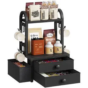 Coffee Mug Tree, 2 Tier Mug Organizer, Coffee Mug Cup Holder with Drawer for 40K-Cup Pods, Mug Display Stand with 8 Hooks, Countertop Holder Rack for Kitchens, Black BB04CR01 Coffee Mug Tree, 2 Tier Mug Organizer, Coffee Mug Cup Holder with Drawer for 40K-Cup Pods, Mug Display Stand with 8 Hooks, Countertop Holder Rack for Kitchens, Black BB04CR01
