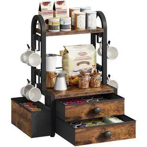 Coffee Mug Tree, 2 Tier Mug Organizer, Coffee Mug Cup Holder with Drawer for 40K-Cup Pods, Mug Display Stand with 8 Hooks, Countertop Holder Rack for Kitchens, Black and Rustic Brown BF04CR01 Coffee Mug Tree, 2 Tier Mug Organizer, Coffee Mug Cup Holder with Drawer for 40K-Cup Pods, Mug Display Stand with 8 Hooks, Countertop Holder Rack for Kitchens, Black and Rustic Brown BF04CR01