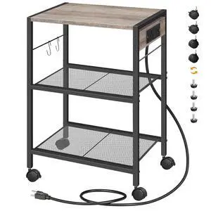 Industrial Printer Stand, 3-Tier Mobile Printer Table, Rolling Cart with Power Outlets and USB Ports, Home Printer Stand with 2 Hooks, for Office, Living Room, Greige and Black BG22UPS01 Industrial Printer Stand, 3-Tier Mobile Printer Table, Rolling Cart with Power Outlets and USB Ports, Home Printer Stand with 2 Hooks, for Office, Living Room, Greige and Black BG22UPS01