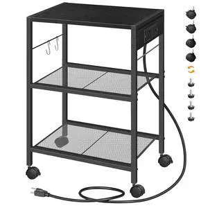 Industrial Printer Stand, 3-Tier Mobile Printer Table, Rolling Cart with Power Outlets and USB Ports, Home Printer Stand with 2 Hooks, for Office, Living Room, Black BB22UPS01 Industrial Printer Stand, 3-Tier Mobile Printer Table, Rolling Cart with Power Outlets and USB Ports, Home Printer Stand with 2 Hooks, for Office, Living Room, Black BB22UPS01