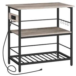 Kitchen Island with Storage, Kitchen Island Table with Power Outlet, 3 Tier Coffee Station and Microwave Stand, for Home, Dining Room, Greige and Black BG021ZD01 Kitchen Island with Storage, Kitchen Island Table with Power Outlet, 3 Tier Coffee Station and Microwave Stand, for Home, Dining Room, Greige and Black BG021ZD01