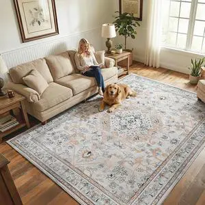 Washable Rug 8 x 10 Area Rugs for Living Room, Non-Slip Stain Resistant Rug, Low Pile Soft Rug Indoor Large Carpets Pet Friendly Mat, for Bedroom Kitchen Dining Room, Vintage Beige EF05AR01 Washable Rug 8 x 10 Area Rugs for Living Room, Non-Slip Stain Resistant Rug, Low Pile Soft Rug Indoor Large Carpets Pet Friendly Mat, for Bedroom Kitchen Dining Room, Vintage Beige EF05AR01