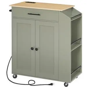 Kitchen Island with Power Outlet, Storage Island with Spice Rack and Drawer, Rolling Kitchen Cart on Wheels, for Home, Dining Room, Natural and Green JN82UZD01G1 Kitchen Island with Power Outlet, Storage Island with Spice Rack and Drawer, Rolling Kitchen Cart on Wheels, for Home, Dining Room, Natural and Green JN82UZD01G1
