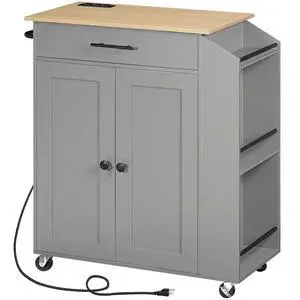 Kitchen Island with Power Outlet, Storage Island with Spice Rack and Drawer, Rolling Kitchen Cart on Wheels, for Home, Dining Room, Natural and Gray GN82UZD01 Kitchen Island with Power Outlet, Storage Island with Spice Rack and Drawer, Rolling Kitchen Cart on Wheels, for Home, Dining Room, Natural and Gray GN82UZD01