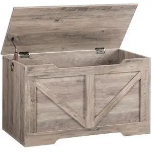 Storage Bench, 29.5 Retro Wooden Storage Chest with U-Shaped Cut-Out Pull, Safety Hinge, Supports 220 lb and Easy Assembly for Toy Box Organizer (Greige) BG77CW01 Storage Bench, 29.5 Retro Wooden Storage Chest with U-Shaped Cut-Out Pull, Safety Hinge, Supports 220 lb and Easy Assembly for Toy Box Organizer (Greige) BG77CW01