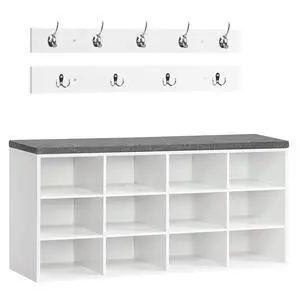 Shoe Storage Bench with Cushion, 39.4" L Entryway Bench with 12 Cubbies, Entryway Hall Tree with Storage, Cubby Shoe Rack Bench with Coat Rack for Hallway, Holds up to 330 lb, White WT112HX01 Shoe Storage Bench with Cushion, 39.4" L Entryway Bench with 12 Cubbies, Entryway Hall Tree with Storage, Cubby Shoe Rack Bench with Coat Rack for Hallway, Holds up to 330 lb, White WT112HX01
