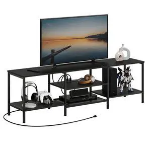 TV Stand with Power Outlets to 75 Inches, TV Console Table with Open Storage Shelves Cabinet, Industrial Media Entertainment Center for Living Room Bedroom, Black BB60DS01 TV Stand with Power Outlets to 75 Inches, TV Console Table with Open Storage Shelves Cabinet, Industrial Media Entertainment Center for Living Room Bedroom, Black BB60DS01