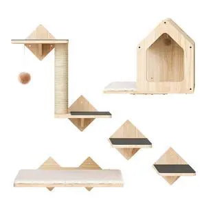 Wood Cat Wall Shelves, Set of 5 Cat Wall Mounted Furniture, Climbing Shelves with House, Steps, Scratching Post, Perch, Sturdy and Anti-Slip, Natural NL43CS03G1 Wood Cat Wall Shelves, Set of 5 Cat Wall Mounted Furniture, Climbing Shelves with House, Steps, Scratching Post, Perch, Sturdy and Anti-Slip, Natural NL43CS03G1