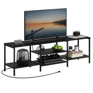 TV Stand with Power Outlets to 75 Inches, TV Console Table with Open Storage Shelves Cabinet, Industrial Media Entertainment Center for Living Room Bedroom, Black BB80DS01 TV Stand with Power Outlets to 75 Inches, TV Console Table with Open Storage Shelves Cabinet, Industrial Media Entertainment Center for Living Room Bedroom, Black BB80DS01