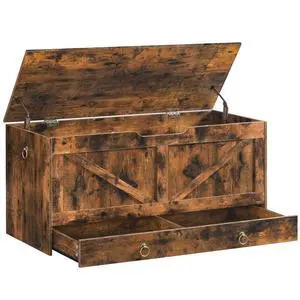Storage Chest, 43.3" Toy Chest with Drawer, Wooden Storage Bench, Sturdy Entryway Bench Supports 220 lb, Shoe Bench, Safety Hinge, U-Shaped Opening, Easy Assembly, Rustic Brown FG711CW01G1 Storage Chest, 43.3" Toy Chest with Drawer, Wooden Storage Bench, Sturdy Entryway Bench Supports 220 lb, Shoe Bench, Safety Hinge, U-Shaped Opening, Easy Assembly, Rustic Brown FG711CW01G1