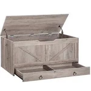 Storage Chest, 39.3" Toy Chest with Drawer, Wooden Storage Bench, Sturdy Entryway Bench Supports 220 lb, Safety Hinge, U-Shaped Opening, Easy Assembly, Greige BG710CW01G2 Storage Chest, 39.3" Toy Chest with Drawer, Wooden Storage Bench, Sturdy Entryway Bench Supports 220 lb, Safety Hinge, U-Shaped Opening, Easy Assembly, Greige BG710CW01G2