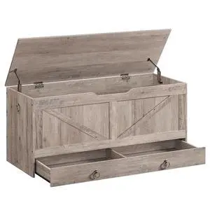 Storage Chest, 43.3" Toy Chest with Drawer, Wooden Storage Bench, Sturdy Entryway Bench Supports 220 lb, Shoe Bench, Safety Hinge, U-Shaped Opening, Easy Assembly, Greige BG711CW01G1 Storage Chest, 43.3" Toy Chest with Drawer, Wooden Storage Bench, Sturdy Entryway Bench Supports 220 lb, Shoe Bench, Safety Hinge, U-Shaped Opening, Easy Assembly, Greige BG711CW01G1