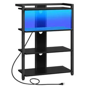 4-Tier AV Media Stand, Media Console with Charging Station and LED Light, Wooden Stereo Cabinet, Corner TV Stand, Record Player, Entertainment Device Stand, Black BB42UDCJ01 4-Tier AV Media Stand, Media Console with Charging Station and LED Light, Wooden Stereo Cabinet, Corner TV Stand, Record Player, Entertainment Device Stand, Black BB42UDCJ01