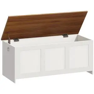 Storage Bench, 43.3" Retro Wooden Storage Chest, Wooden Storage Trunk, Toy Chest with Lift Top, Multifunctional Entryway Organizer, for Entryway, Living Room, White and Walnut WH411CW01 Storage Bench, 43.3" Retro Wooden Storage Chest, Wooden Storage Trunk, Toy Chest with Lift Top, Multifunctional Entryway Organizer, for Entryway, Living Room, White and Walnut WH411CW01