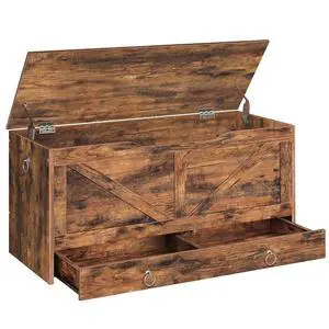 Storage Chest, 39.3" Toy Chest with Drawer, Wooden Storage Bench, Sturdy Entryway Bench Supports 220 lb, Shoe Bench, Safety Hinge, U-Shaped Opening, Easy Assembly, Rustic Brown FG710CW01G1 Storage Chest, 39.3" Toy Chest with Drawer, Wooden Storage Bench, Sturdy Entryway Bench Supports 220 lb, Shoe Bench, Safety Hinge, U-Shaped Opening, Easy Assembly, Rustic Brown FG710CW01G1