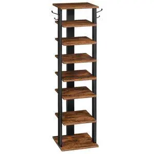 8 Tiers Vertical Shoe Rack, Wooden Shoe Storage Organizer with Hooks, Narrow Shoe Tower for 8 Pairs, Space Saving, for Entryway, Living Room, Bedroom, Rustic Brown BF07XJ01G1 8 Tiers Vertical Shoe Rack, Wooden Shoe Storage Organizer with Hooks, Narrow Shoe Tower for 8 Pairs, Space Saving, for Entryway, Living Room, Bedroom, Rustic Brown BF07XJ01G1