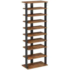 10 Tiers Vertical Shoe Rack, Wooden Shoe Storage Organizer with Hooks, Narrow Shoe Tower for 20 Pairs, Space Saving, for Entryway, Living Room, Bedroom, Rustic Brown FG140XJ01 10 Tiers Vertical Shoe Rack, Wooden Shoe Storage Organizer with Hooks, Narrow Shoe Tower for 20 Pairs, Space Saving, for Entryway, Living Room, Bedroom, Rustic Brown FG140XJ01