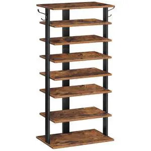 8 Tiers Vertical Shoe Rack, Wooden Shoe Storage Organizer with Hooks, Narrow Shoe Tower for 16 Pairs, Space Saving, for Entryway, Living Room, Bedroom, Rustic Brown BF750XJ01 8 Tiers Vertical Shoe Rack, Wooden Shoe Storage Organizer with Hooks, Narrow Shoe Tower for 16 Pairs, Space Saving, for Entryway, Living Room, Bedroom, Rustic Brown BF750XJ01