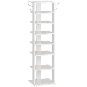 8 Tiers Vertical Shoe Rack, Wooden Shoe Storage Organizer with Hooks, Narrow Shoe Tower for 8 Pairs, Space Saving, for Entryway, Living Room, Bedroom, White WT07XJ01G1 8 Tiers Vertical Shoe Rack, Wooden Shoe Storage Organizer with Hooks, Narrow Shoe Tower for 8 Pairs, Space Saving, for Entryway, Living Room, Bedroom, White WT07XJ01G1