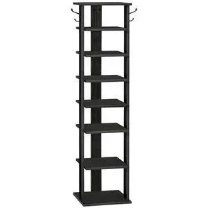 8 Tiers Vertical Shoe Rack, Wooden Shoe Storage Organizer with Hooks, Narrow Shoe Tower for 8 Pairs, Space Saving, for Entryway, Living Room, Bedroom, Black BK07XJ01 8 Tiers Vertical Shoe Rack, Wooden Shoe Storage Organizer with Hooks, Narrow Shoe Tower for 8 Pairs, Space Saving, for Entryway, Living Room, Bedroom, Black BK07XJ01