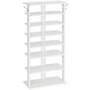 Vertical Shoe Rack, 8 Tier Wooden Shoe Storage Organizer with Hooks, Narrow Shoe Tower for 16 Pairs, Space Saving, for Entryway, Living Room, Bedroom, White WT750XJ01 Vertical Shoe Rack, 8 Tier Wooden Shoe Storage Organizer with Hooks, Narrow Shoe Tower for 16 Pairs, Space Saving, for Entryway, Living Room, Bedroom, White WT750XJ01