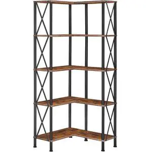 Corner Bookshelf, 5-Tier L-Shaped Bookcase, Industrial Open Display Shelf Tall Storage Organizer, Vertical Storage Rack, for Living Room, Home Office, Rustic Brown and Black BF60SJ01 Corner Bookshelf, 5-Tier L-Shaped Bookcase, Industrial Open Display Shelf Tall Storage Organizer, Vertical Storage Rack, for Living Room, Home Office, Rustic Brown and Black BF60SJ01