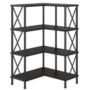 Corner Bookshelf, 4-Tier L-Shaped Bookcase, Industrial Open Display Shelf Tall Storage Organizer, Vertical Storage Rack, for Living Room, Home Office, Black BB59SJ01 Corner Bookshelf, 4-Tier L-Shaped Bookcase, Industrial Open Display Shelf Tall Storage Organizer, Vertical Storage Rack, for Living Room, Home Office, Black BB59SJ01