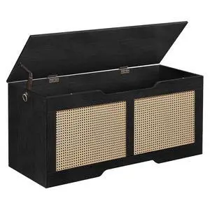 Storage Bench, 43.3" Toy Box, Rattan-Like Storage Chest, Sturdy Entryway Bench Supports 220 lb, Toy Chest, Safety Hinge, U-Shaped Opening, Easy Assembly, Black BB22CW01 Storage Bench, 43.3" Toy Box, Rattan-Like Storage Chest, Sturdy Entryway Bench Supports 220 lb, Toy Chest, Safety Hinge, U-Shaped Opening, Easy Assembly, Black BB22CW01