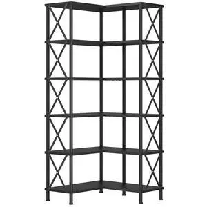 Corner Bookshelf, 6-Tier L-Shaped Bookcase, Industrial Open Display Shelf Tall Storage Organizer, Vertical Storage Rack, for Living Room, Home Office, Black BB61SJ01 Corner Bookshelf, 6-Tier L-Shaped Bookcase, Industrial Open Display Shelf Tall Storage Organizer, Vertical Storage Rack, for Living Room, Home Office, Black BB61SJ01
