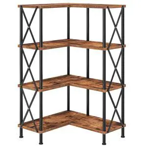 Corner Bookshelf, 4-Tier L-Shaped Bookcase, Industrial Open Display Shelf Tall Storage Organizer, Vertical Storage Rack, for Living Room, Home Office, Rustic Brown and Black BF59SJ01 Corner Bookshelf, 4-Tier L-Shaped Bookcase, Industrial Open Display Shelf Tall Storage Organizer, Vertical Storage Rack, for Living Room, Home Office, Rustic Brown and Black BF59SJ01