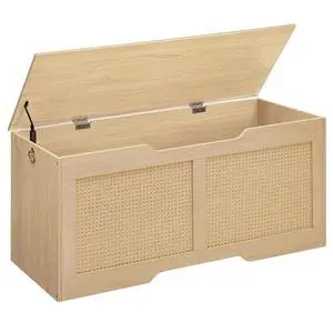 Storage Bench, 43.3" Toy Box, Rattan-Like Storage Chest, Sturdy Entryway Bench Supports 220 lb, Toy Chest, Safety Hinge, U-Shaped Opening, Easy Assembly, Natural NL22CW01 Storage Bench, 43.3" Toy Box, Rattan-Like Storage Chest, Sturdy Entryway Bench Supports 220 lb, Toy Chest, Safety Hinge, U-Shaped Opening, Easy Assembly, Natural NL22CW01