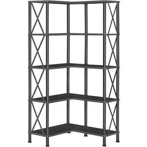 Corner Bookshelf, 5-Tier L-Shaped Bookcase, Industrial Open Display Shelf Tall Storage Organizer, Vertical Storage Rack, for Living Room, Home Office, Black BB60SJ01 Corner Bookshelf, 5-Tier L-Shaped Bookcase, Industrial Open Display Shelf Tall Storage Organizer, Vertical Storage Rack, for Living Room, Home Office, Black BB60SJ01