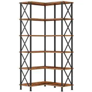 Corner Bookshelf, 6-Tier L-Shaped Bookcase, Industrial Open Display Shelf Tall Storage Organizer, Vertical Storage Rack, for Living Room, Home Office, Rustic Brown and Black BF61SJ01 Corner Bookshelf, 6-Tier L-Shaped Bookcase, Industrial Open Display Shelf Tall Storage Organizer, Vertical Storage Rack, for Living Room, Home Office, Rustic Brown and Black BF61SJ01