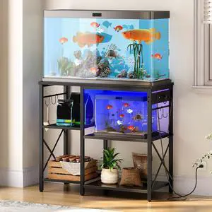 Fish Tank Stand with Power Outlet and LED Light, 20-29-37 Gallon Aquarium Stand with Storage Shelves, 30.7" L x 13.8" W, Reptile Tank Stand with Stable Metal Frame, Black BK80UDFT01G1 Fish Tank Stand with Power Outlet and LED Light, 20-29-37 Gallon Aquarium Stand with Storage Shelves, 30.7" L x 13.8" W, Reptile Tank Stand with Stable Metal Frame, Black BK80UDFT01G1