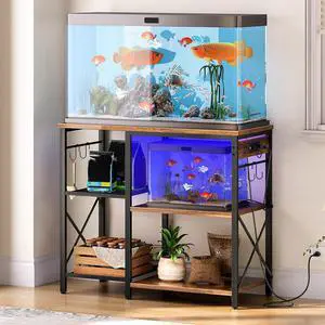Fish Tank Stand with Power Outlet and LED Light, 20-29-37 Gallon Aquarium Stand with Storage Shelves, 30.7" L x 13.8" W, Reptile Tank Stand with Stable Metal Frame, Rustic Brown BF80UDFT01G1 Fish Tank Stand with Power Outlet and LED Light, 20-29-37 Gallon Aquarium Stand with Storage Shelves, 30.7" L x 13.8" W, Reptile Tank Stand with Stable Metal Frame, Rustic Brown BF80UDFT01G1