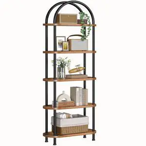 5 Tier Open Bookshelf, Industrial Arched Bookcase Display Shelf Rack, Wooden Bookcase Storage Shelf Metal Frame, Tall Storage Organizer for Home, Easy Assembly, Rustic Brown BF176SJ01 5 Tier Open Bookshelf, Industrial Arched Bookcase Display Shelf Rack, Wooden Bookcase Storage Shelf Metal Frame, Tall Storage Organizer for Home, Easy Assembly, Rustic Brown BF176SJ01