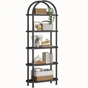 5 Tier Open Bookshelf, Industrial Arched Bookcase Display Shelf Rack, Wooden Bookcase Storage Shelf Metal Frame, Tall Storage Organizer for Home, Easy Assembly, Black BB176SJ01 5 Tier Open Bookshelf, Industrial Arched Bookcase Display Shelf Rack, Wooden Bookcase Storage Shelf Metal Frame, Tall Storage Organizer for Home, Easy Assembly, Black BB176SJ01