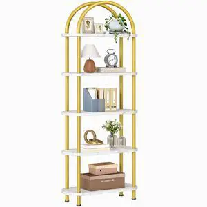 5 Tier Open Bookshelf, Industrial Arched Bookcase Display Shelf Rack, Wooden Bookcase Storage Shelf Metal Frame, Tall Storage Organizer for Home, Easy Assembly, Gold DM176SJ01 5 Tier Open Bookshelf, Industrial Arched Bookcase Display Shelf Rack, Wooden Bookcase Storage Shelf Metal Frame, Tall Storage Organizer for Home, Easy Assembly, Gold DM176SJ01