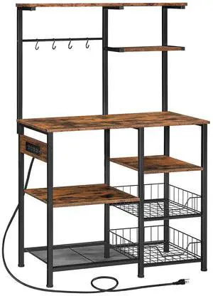 Large Bakers Rack with Power Outlets, 6-Tier Microwave Stand with 4 Hooks, Coffee Bar, Kitchen Shelf with Wire Basket, for Kitchen, Living Room, Office, Rustic Brown and Black BF64UHB01 Large Bakers Rack with Power Outlets, 6-Tier Microwave Stand with 4 Hooks, Coffee Bar, Kitchen Shelf with Wire Basket, for Kitchen, Living Room, Office, Rustic Brown and Black BF64UHB01