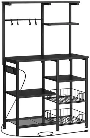 Large Bakers Rack with Power Outlets, 6-Tier Microwave Stand with 4 Hooks, Coffee Bar, Kitchen Shelf with Wire Basket, for Kitchen, Living Room, Office, Black BB64UHB01 Large Bakers Rack with Power Outlets, 6-Tier Microwave Stand with 4 Hooks, Coffee Bar, Kitchen Shelf with Wire Basket, for Kitchen, Living Room, Office, Black BB64UHB01