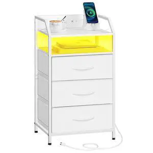 White Nightstand with Charging Station, End Table with 1 AC Outlet, 1 USB Port, and 1 Type-C Port, Bedside Table with LED Light Strip and 3 Non-Woven Drawers, for Bedroom, White WT013UDBZ01 White Nightstand with Charging Station, End Table with 1 AC Outlet, 1 USB Port, and 1 Type-C Port, Bedside Table with LED Light Strip and 3 Non-Woven Drawers, for Bedroom, White WT013UDBZ01